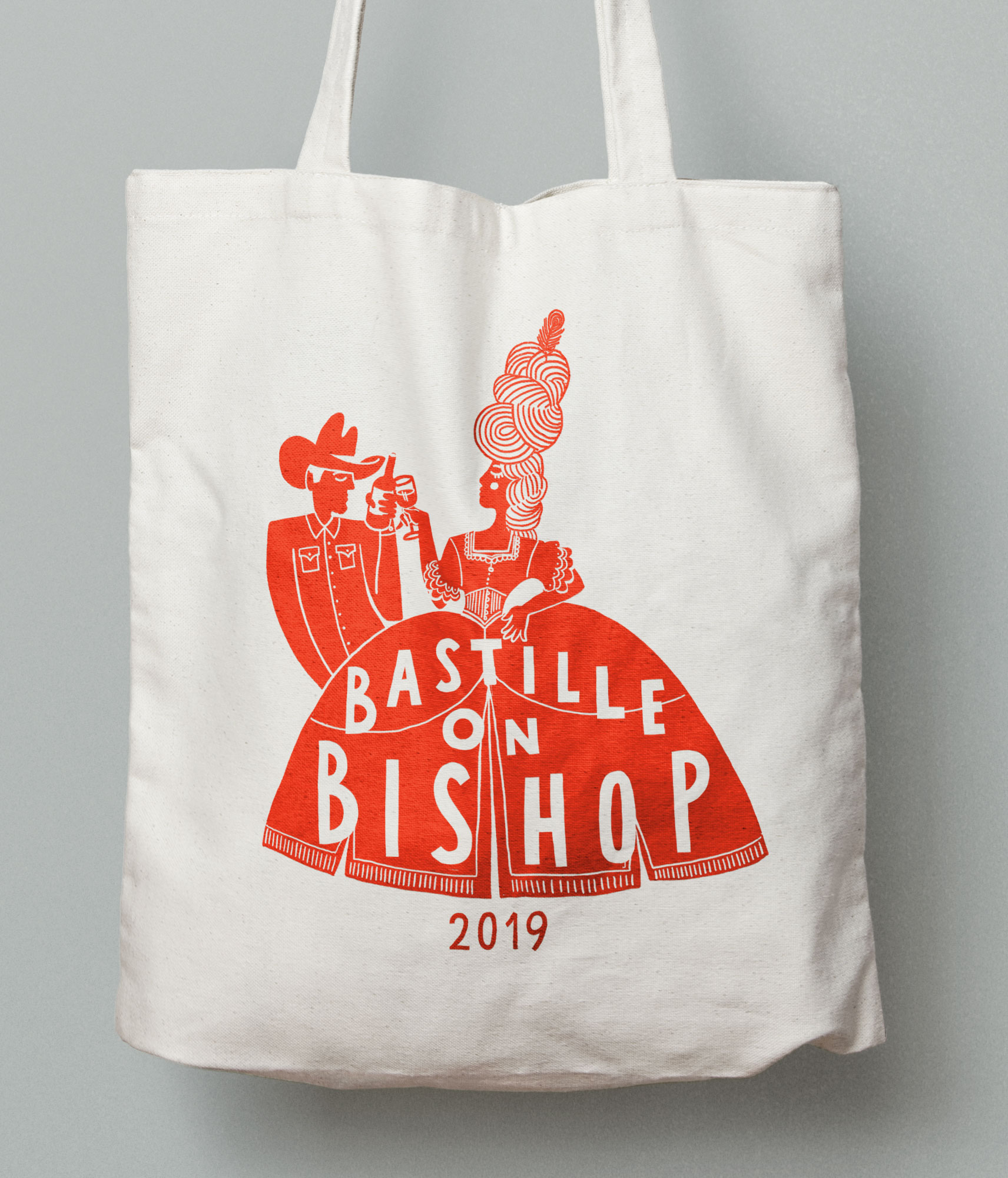 A white bag with the words bastille on bishop 2 0 1 9