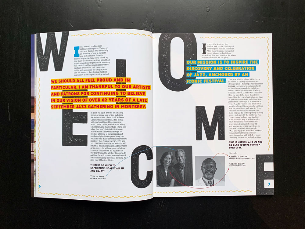 A magazine spread with the words welcome and some type of text.
