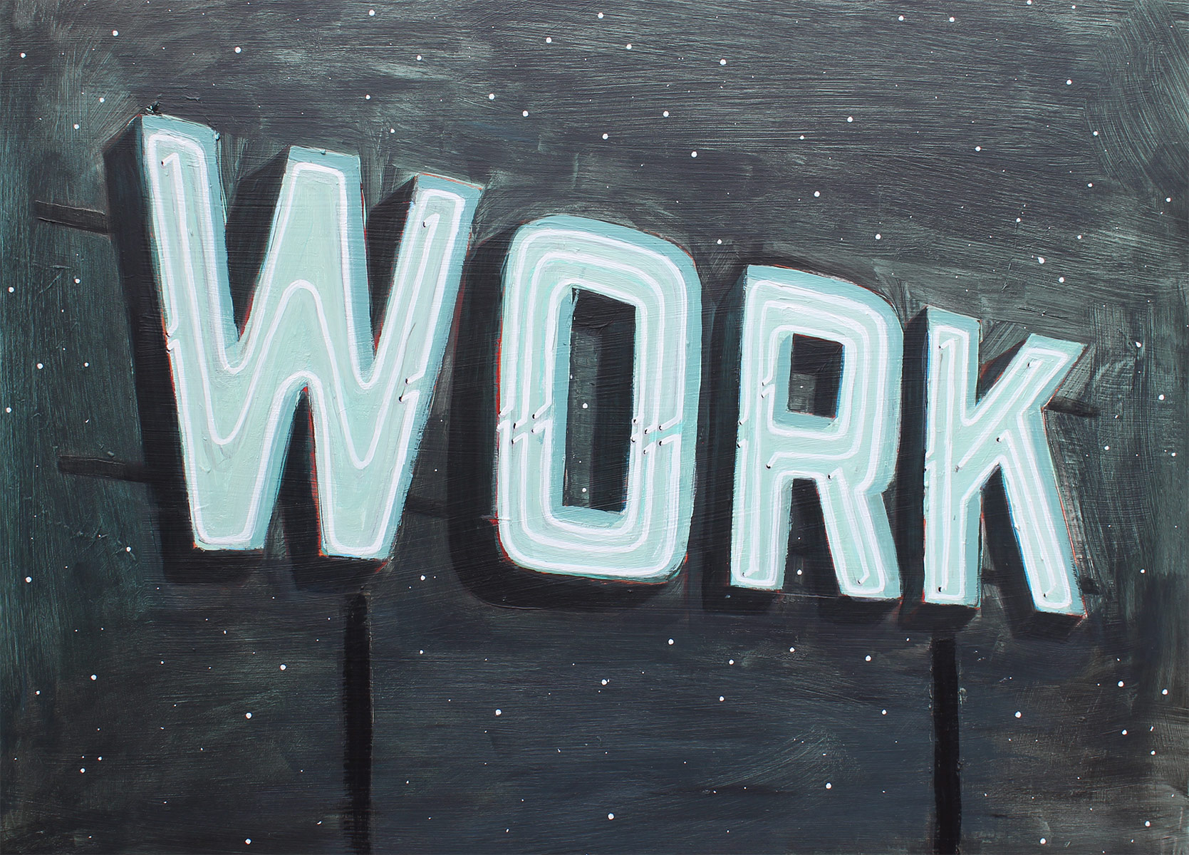 A painting of the word work on top of a wooden board.